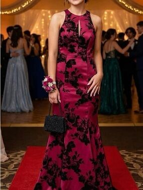 Le Château Floral Velvet Flocked Halter Gown Prom Wedding Formal Trumpet Mermaid